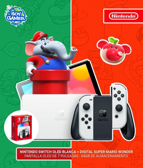 Consola Nintendo Switch OLED Blanca 64GB + Mario Wonder DIGITAL
